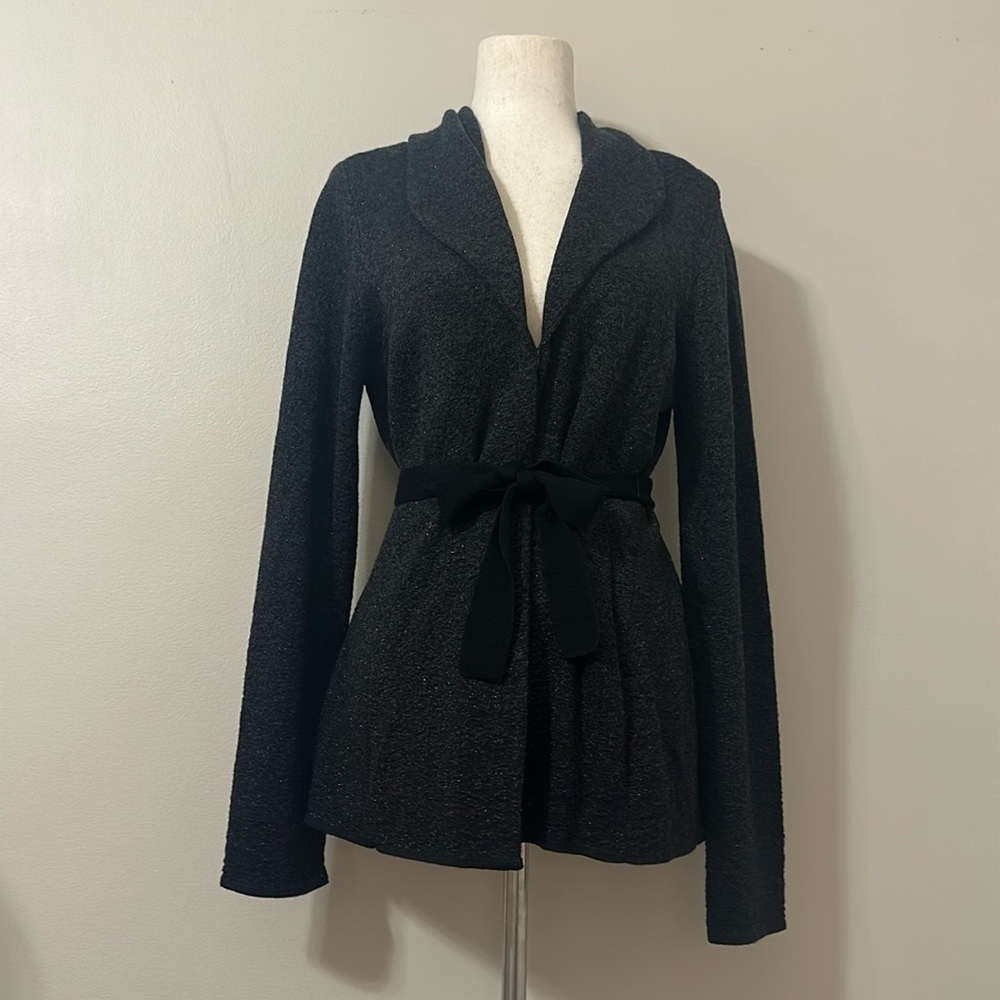 Classiques Entier Open Belted Cardigan Sweater Charcoal Gray & Black Sz Large